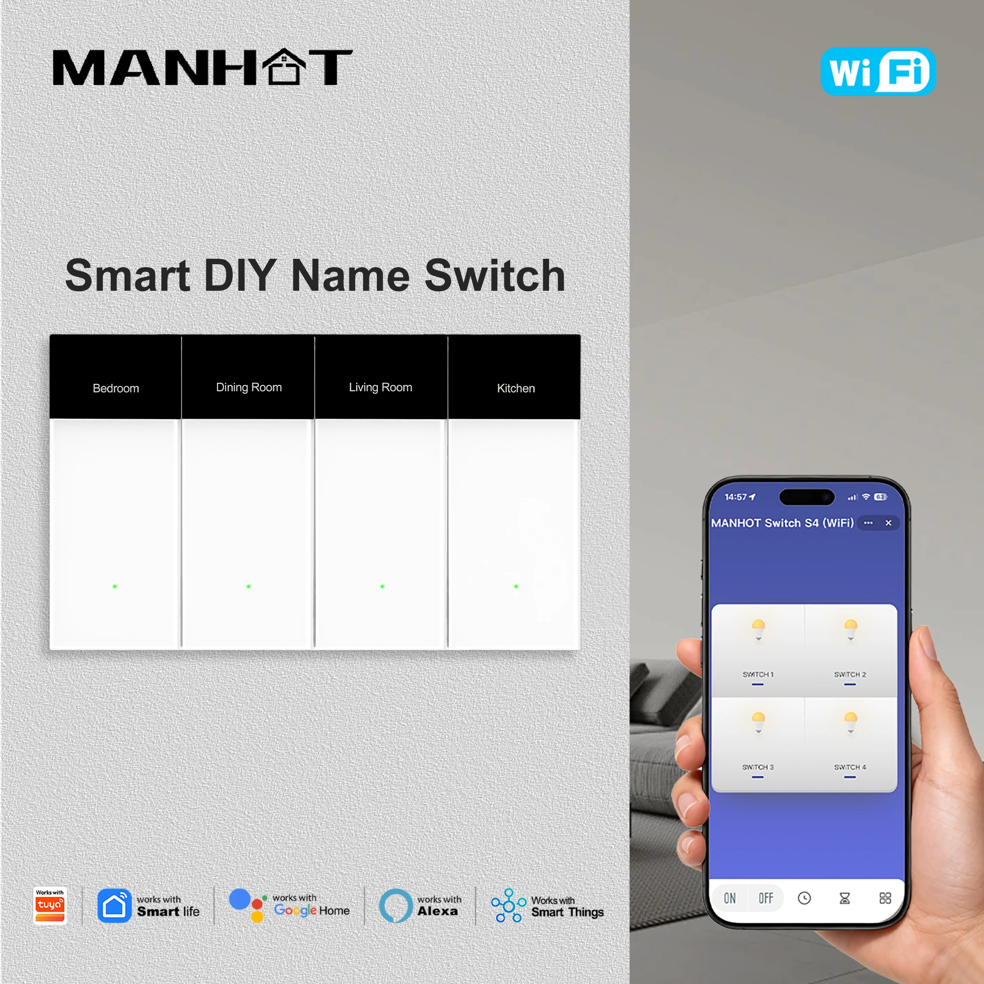 MANHOT WiFi Smart Glass Panel Push Button Switch DIY Name Wall Switch Compatible with Tuya Alexa Google Home for Smart Home