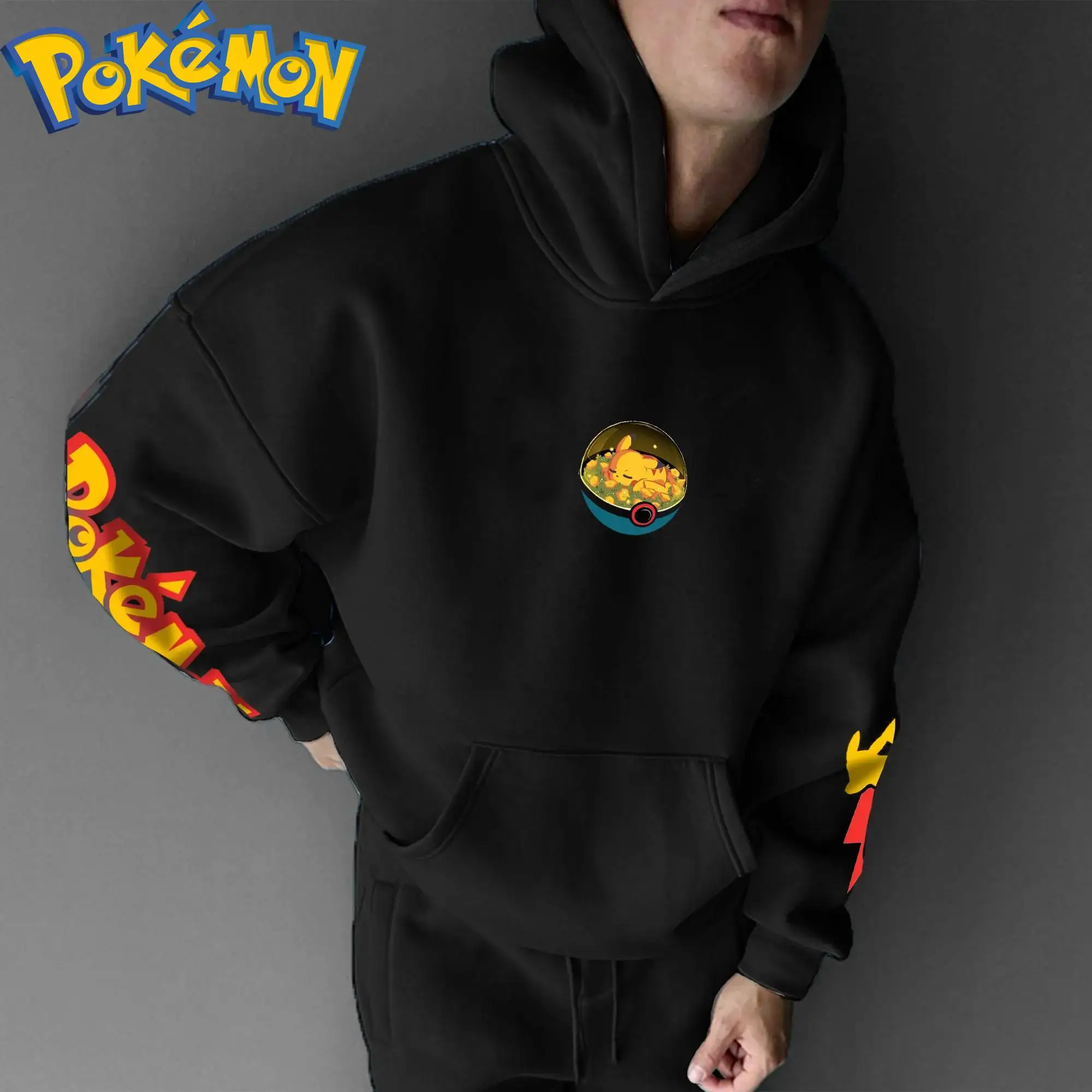 Pokemon anime pikachu algodão hoodie cor preta personagem impressão com efeito de respingo azul vermelho e padrão relâmpago streetwear