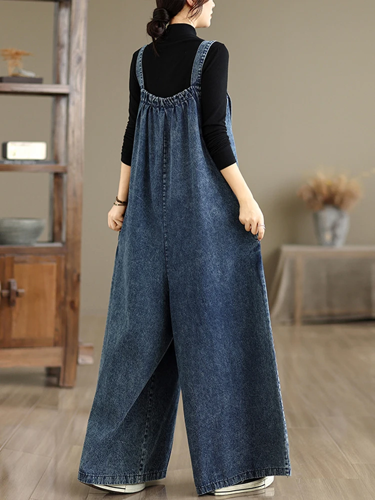 NYFS 2025 الربيع الصيف النساء وزرة الدنيم السراويل الإناث خمر الصلبة فضفاضة حجم كبير بذلة المرأة