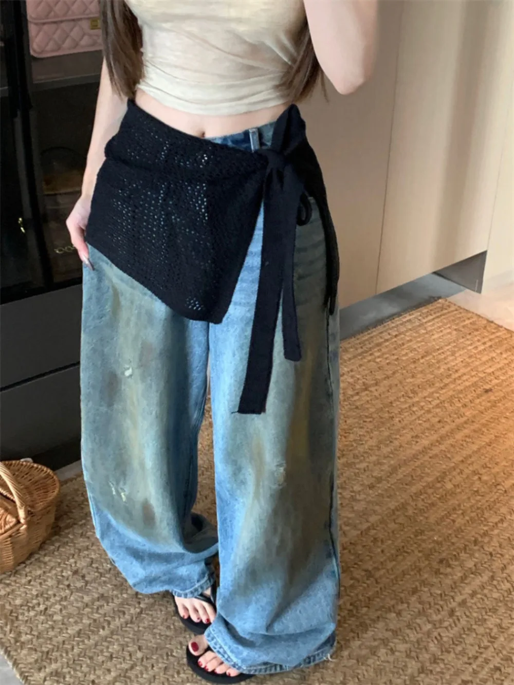 2026 New Solid Western All-match Mujer Faldas Knit Hollow Out Lace Up Sweet Skirts Age Reduction Literary Fart Curtain