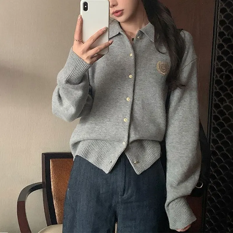 Female Clothing Embroidery Polo-Neck Cardigan Preppy Style Basic Autumn Winter Commute Single-breasted Casual Knitted Sweaters