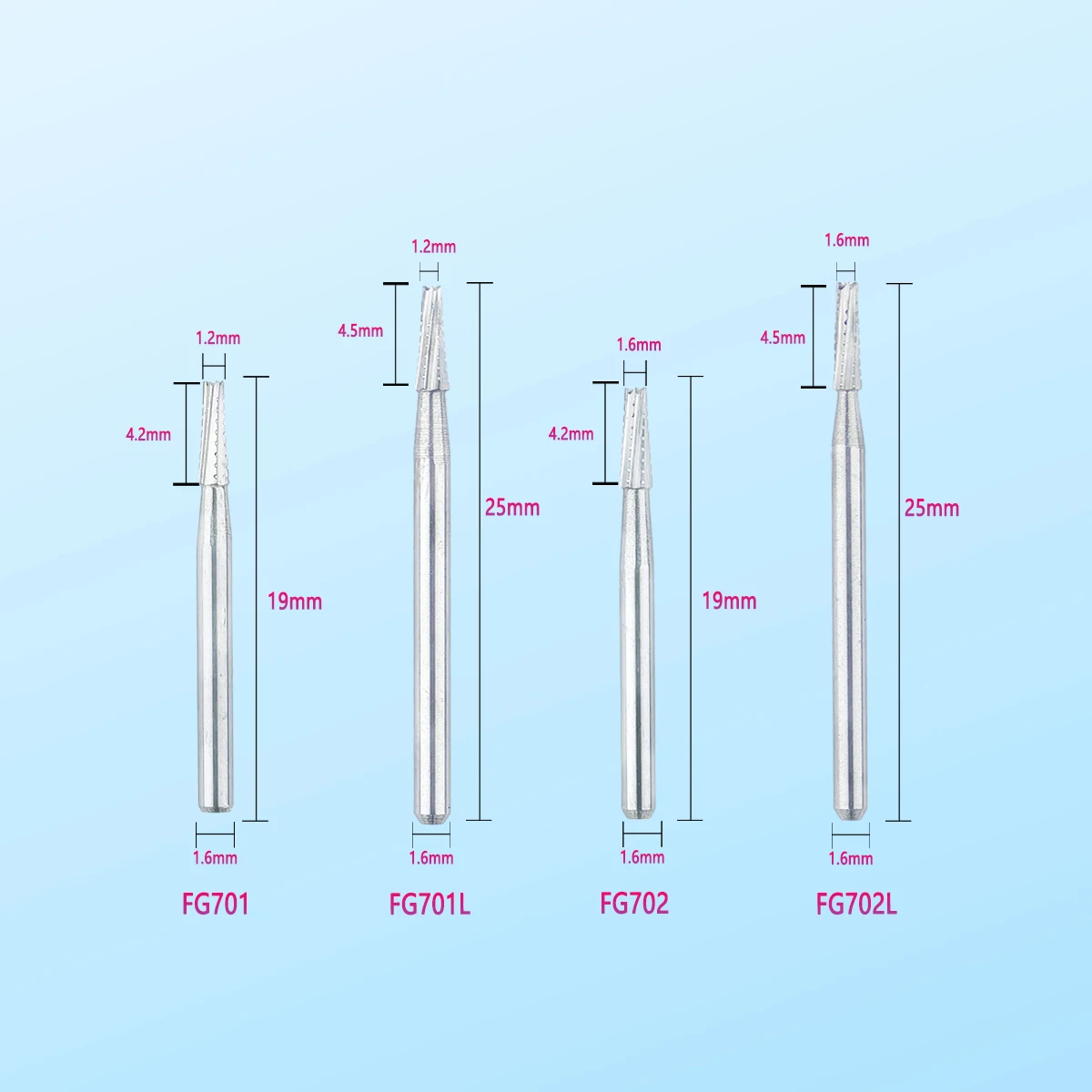 6Pcs/Box Dental Tungsten Carbide Bur Tapered Fissure Head Cross Cut Type FG Series Shank Diameter 1.6mm For High Speed Handpiece