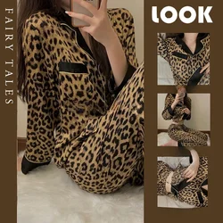 Net Red Little Milk Leopard Pajamas Women Spring Autumn Winter Nightgown Leopard Print Long Sleeve Cardigan Girl Homewear Suit