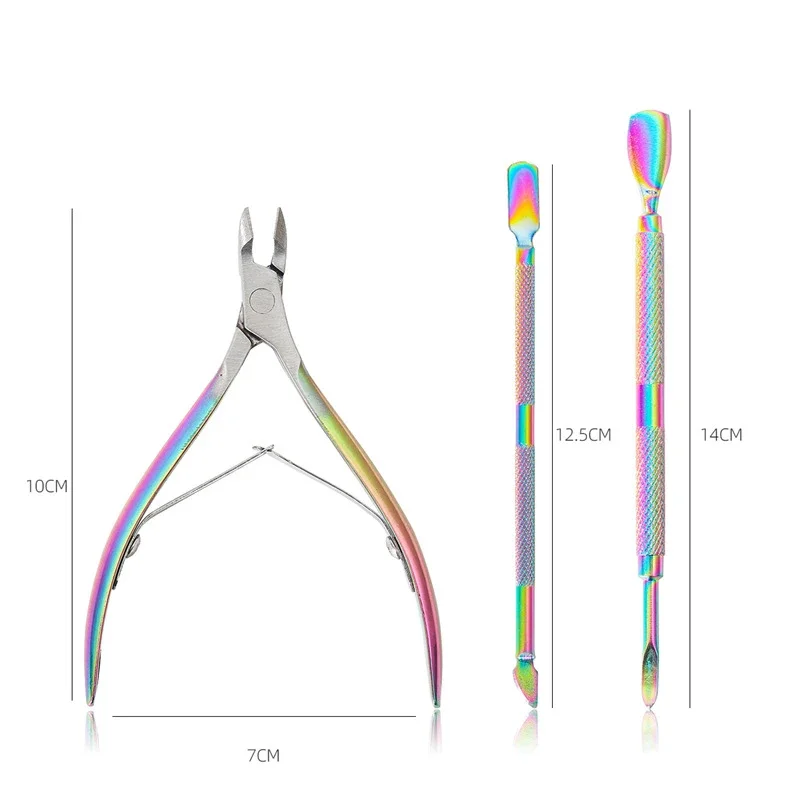 3 個セットレインボーステンレス鋼ネイルキューティクルはさみプッシャー角質ジェルポリッシュリムーバーネイルアートマニキュアケアツール