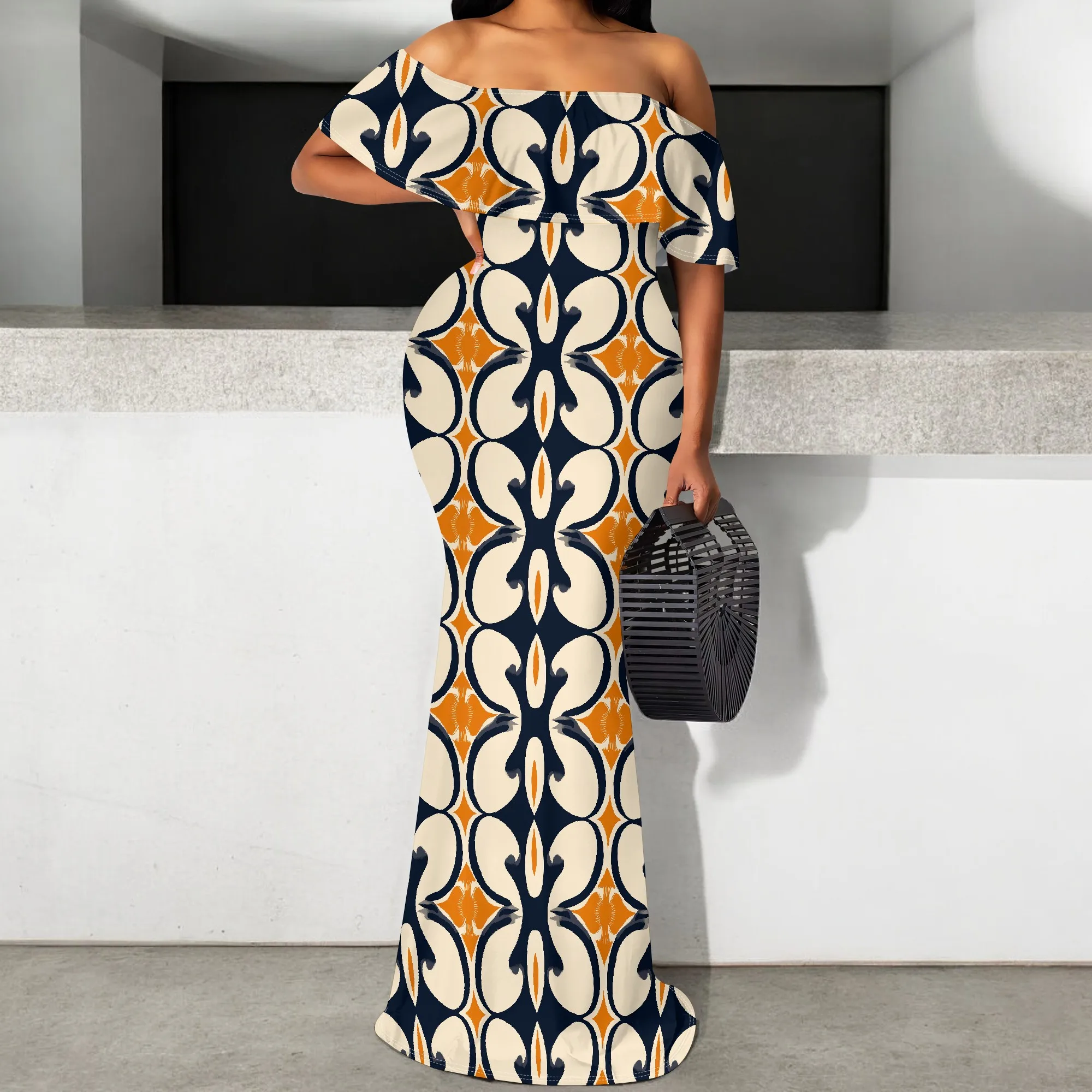 

Women's Off Shoulder Geometric Print Maxi Dress Elegant Boho Summer Long Dress S-3XL