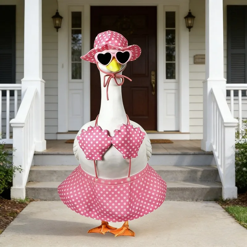 Pink Hawaiian Porch Goose Outfits, White Polka Dot Pattern Suit with Sunglasses And a Hat Applicable to 23 Inch for Cement Goose Outdoor Garden Yard Decor view 3