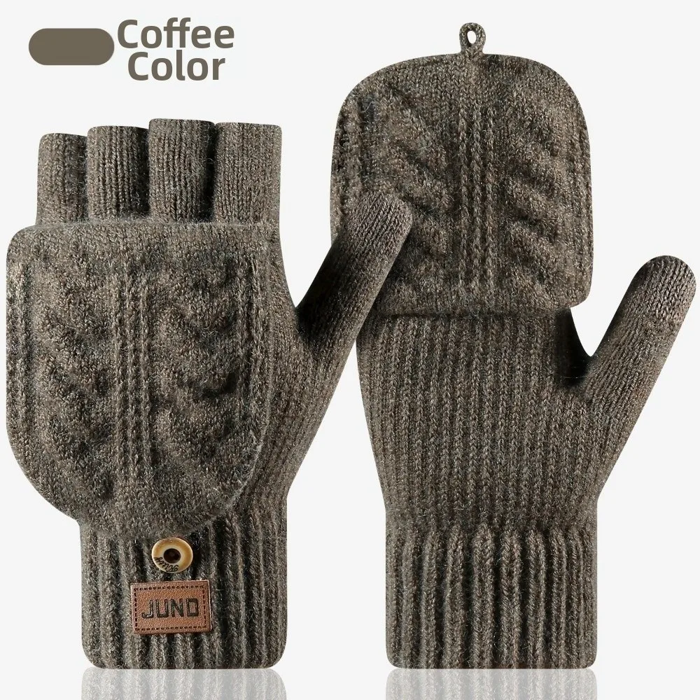 Durable Unisex Winter Cable Knitted Gloves Polyester Blend Warm Women Half Finger Mittens One Size Convertible Gloves Texting