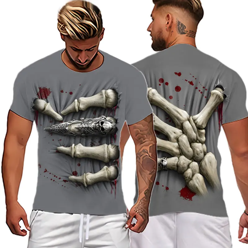 

Creative 3D Skeleton Finger Print Men's T-shirt Punk O-Neck Casual Short Sleeve Scary Halloween T shirts Rock Streetwear 6XL