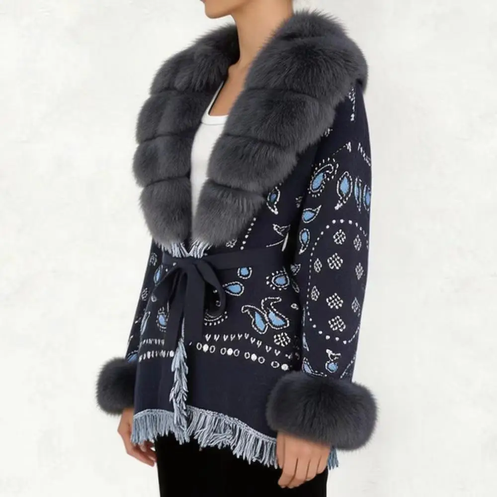 Jxwatcher Women's Knit Cardigan with Luxury Real Fox Fur Collar 2026 Fall Winter New Arrival Jacquard Sweater Fashion Outerwear