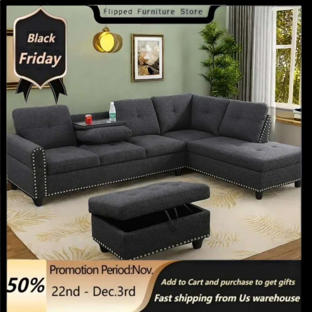 L Shaped Sectional Sofa with Ottoman, Nail-Head Design Linen Right Facing Modern Couch with Cup Holder for Living Room, Bedroom