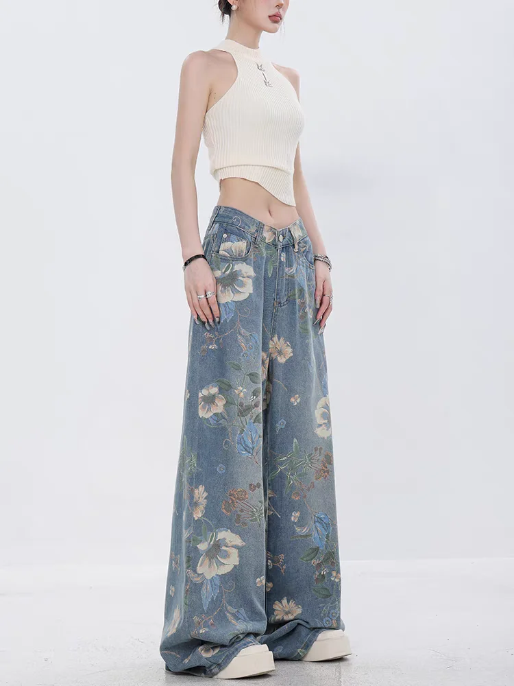 

Summer American Vintage Print Wide Leg Jeans Women Unique Design Straight Trousers Floor Length Denim Pants