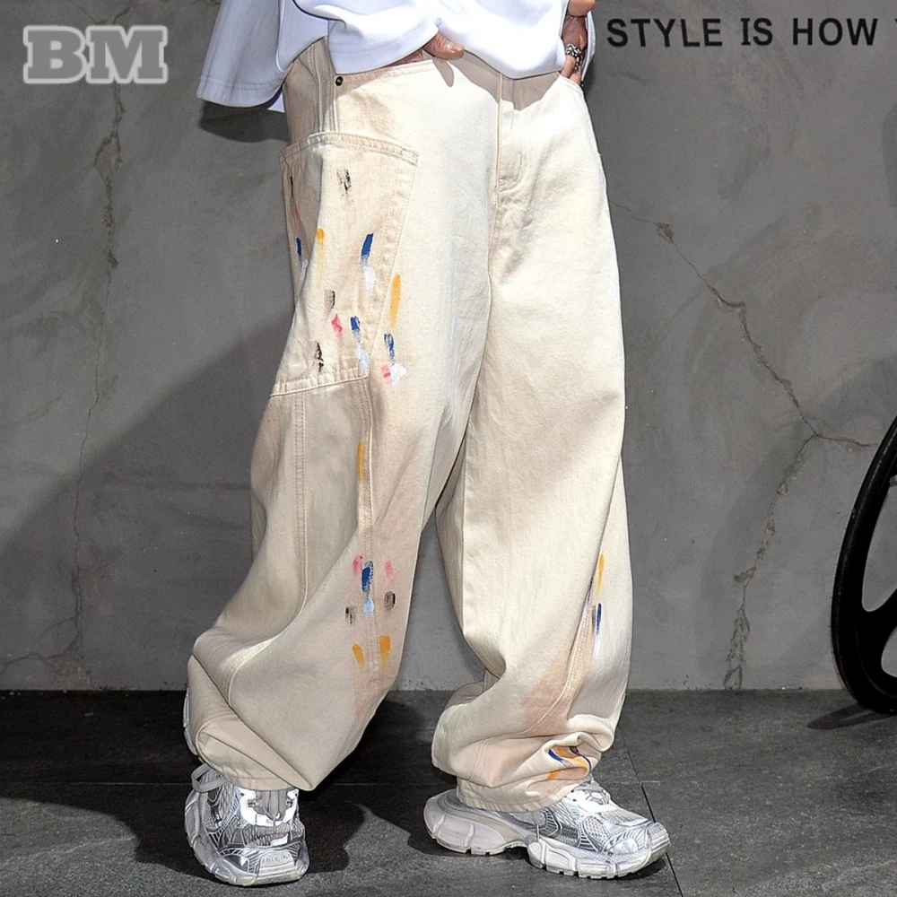 

Mens American Streetwear Baggy Jeans Cargo Skateboard Pants Denim Hip Hop Trendy Loose Beige Spray Graffiti Fashion Trousers