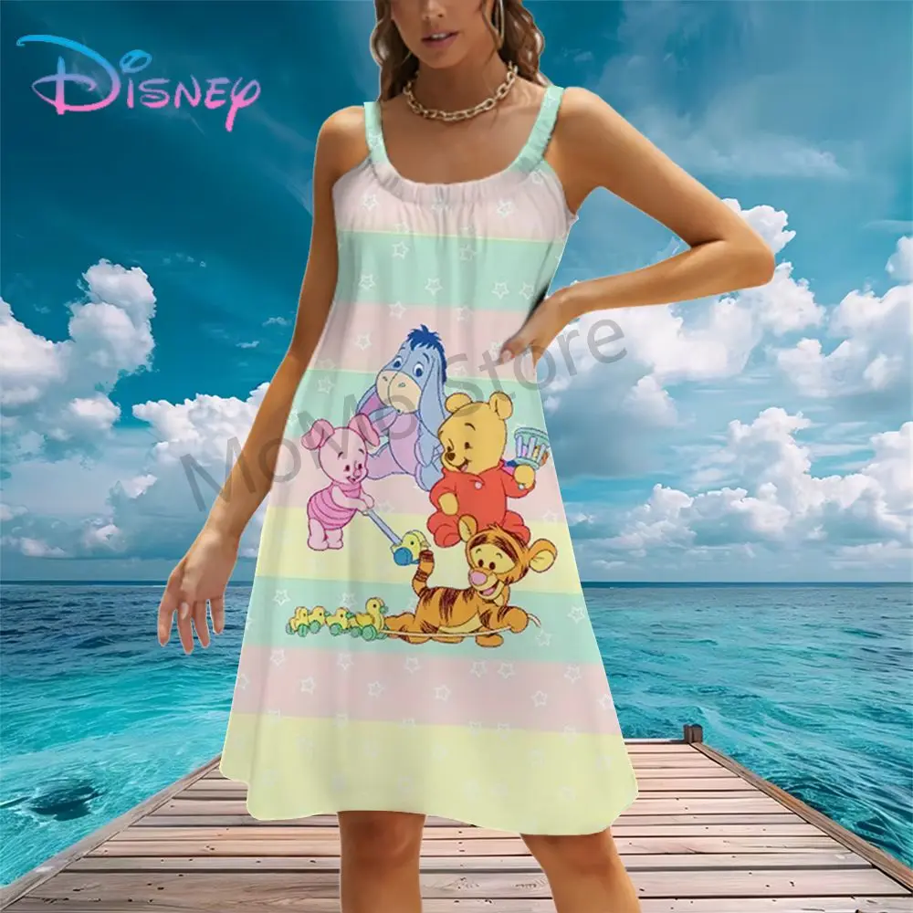 Kawaii Disney Winnie l'Ourson Femmes Robes De Plage 2024 Y2k Boho S-3XL fibrfur s Loisirs Été Cuteore Sexy Sling 3D