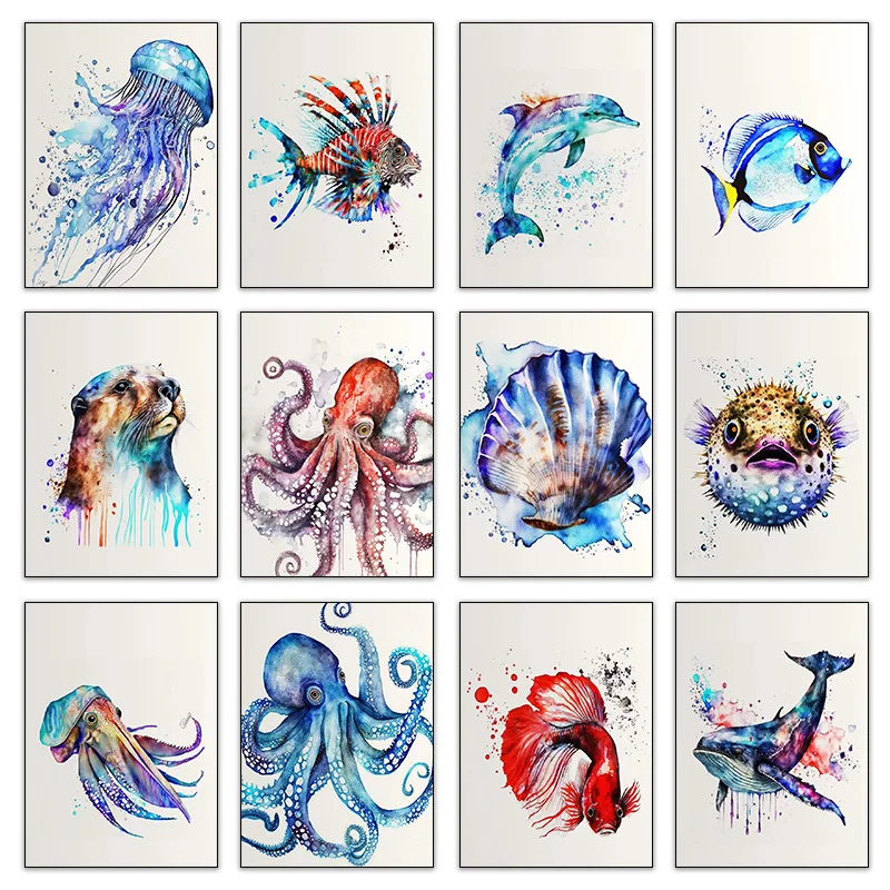 Sea Animal Angler Fish Octopus Dolphin Jellyfish Puffer Watercolor Poster Wall Art Pictures Canvas Painting Room Home Decor G