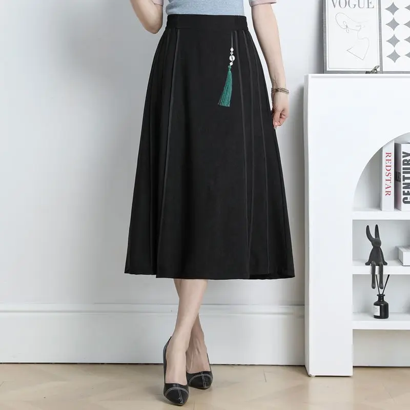 WomenS Elegant Black Midi Skirt With Green Tassel Pendant Decor High Waist A Line Flowy Casual Formal Skirt