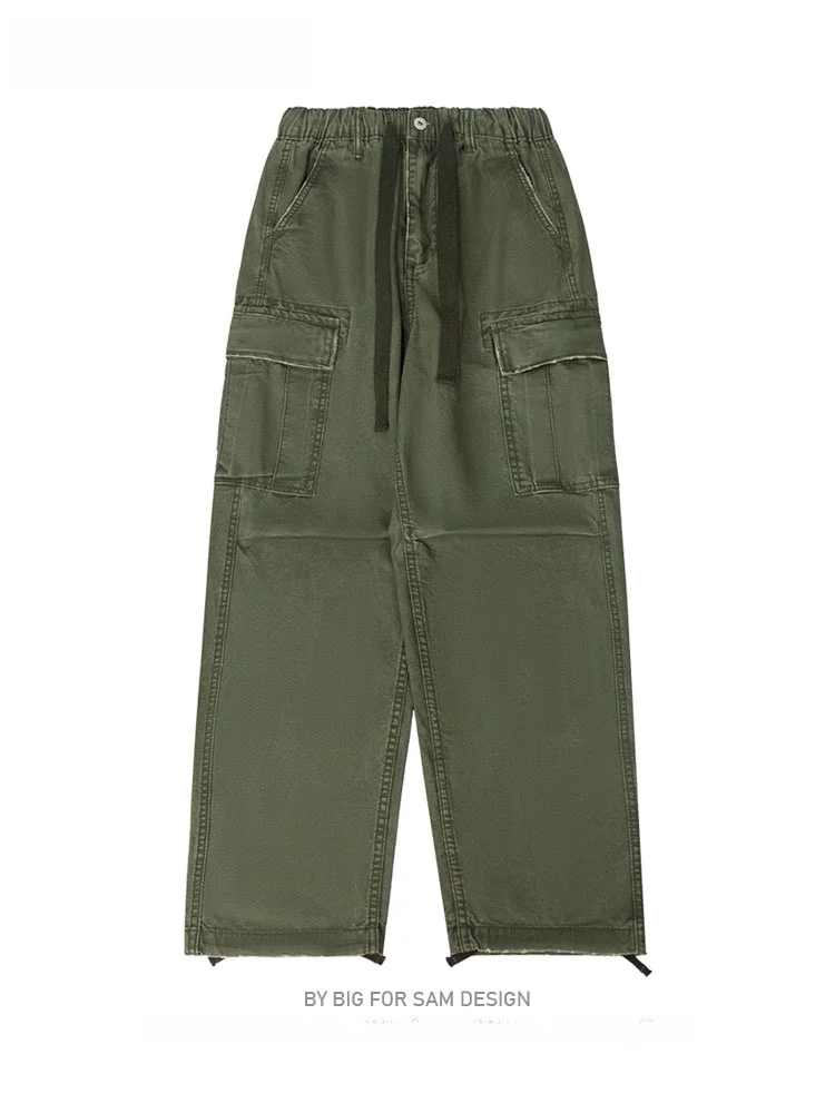 

Bigforsam Men's Workwear Pants Multiple Pockets Distressed Straight Leg Loose Fit Pure Color Casual Trousers Fashion Brand