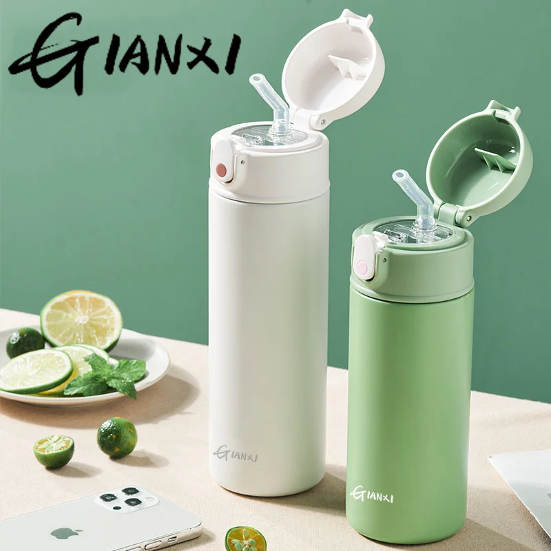 GIANXI-Taza Termo de paja que rebota, botella de agua de acero inoxidable, tazas aisladas portátiles simples, estilo Ins