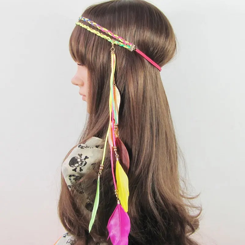 2023 New Fashion Boho Feather Headband for Women Festival Hair Accessories Peacock Feather Turban Ladies Adjust Hairband