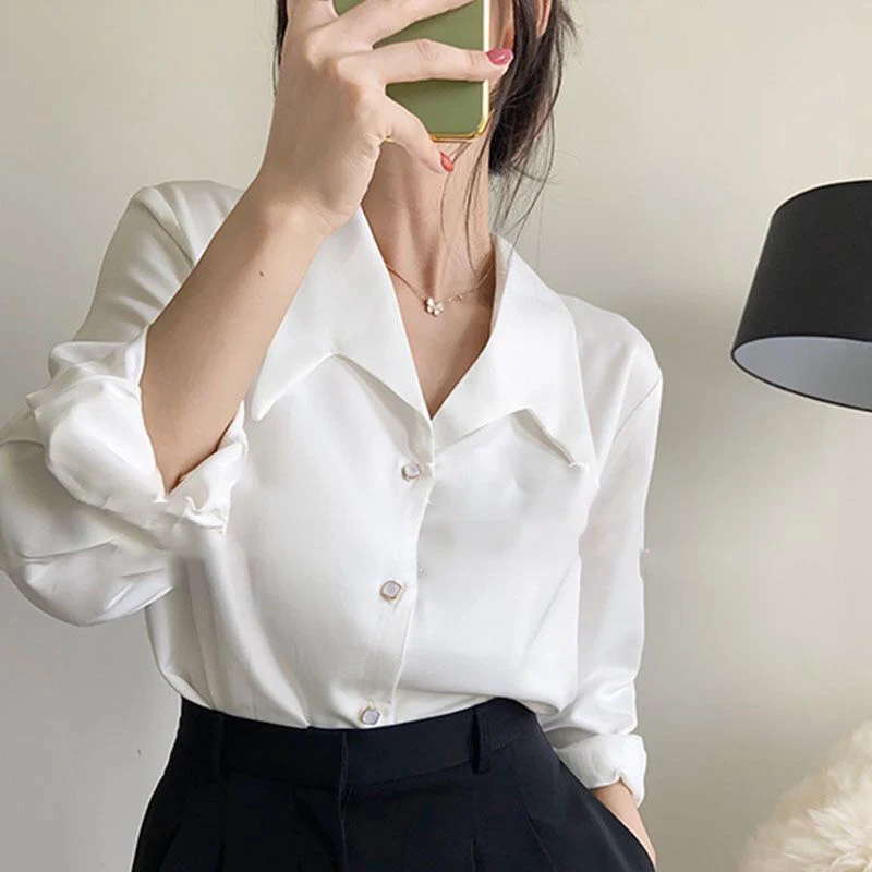 Gidyq Women White Chiffon Shirts Fashion Streetwear Female Loose Long Sleeve Shirts Korean Casual Y2K All Match Blouse