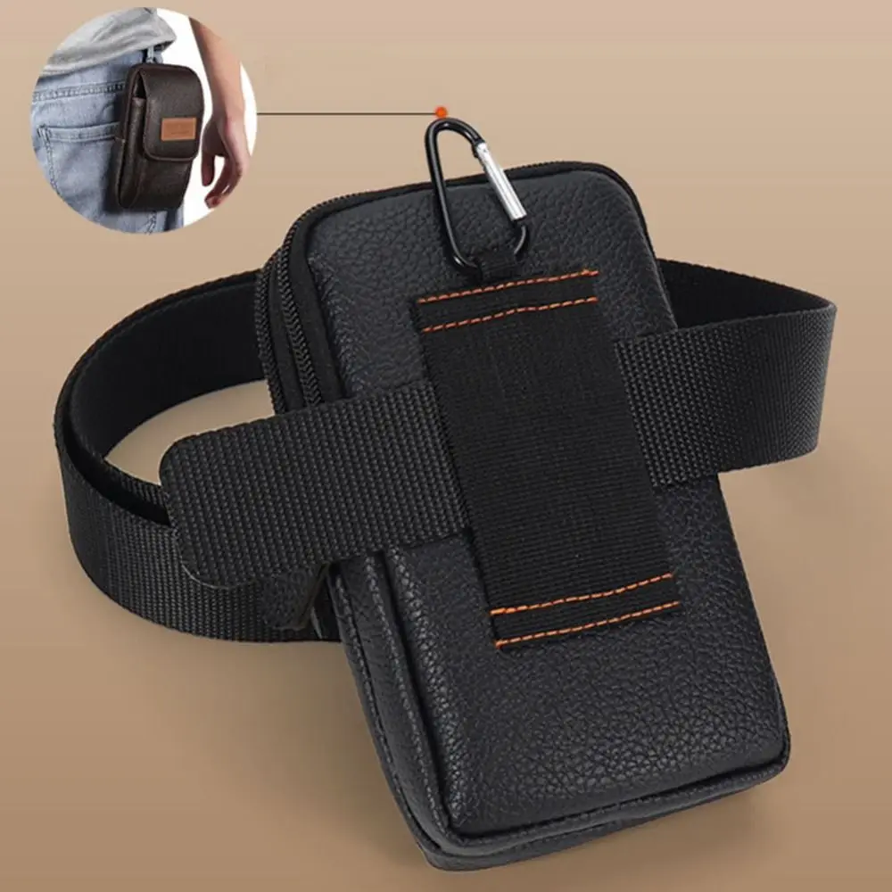 Durable PU Leather Man Belt Pouch 6.5inch Zipper Phone Waist Bag Modern Multiple Layers Belt Hanging Pouch Outdoor Camping