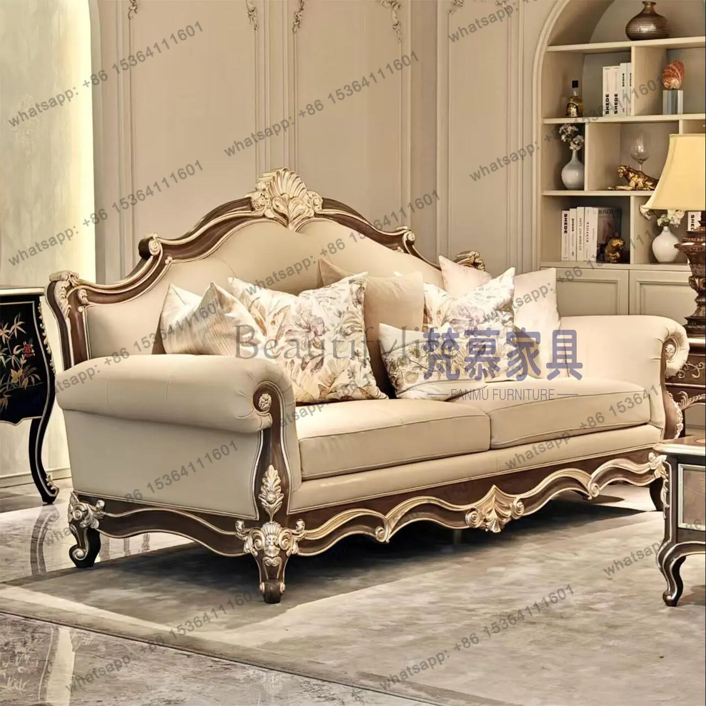 French retro carved solid wood sofa villa size apartment living room carved three-person sofa