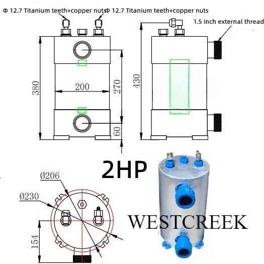 WESTCREEK 2HP titanium tube evaporator, seafood aquaculture chiller evaporator, titanium cannon heat exchanger.