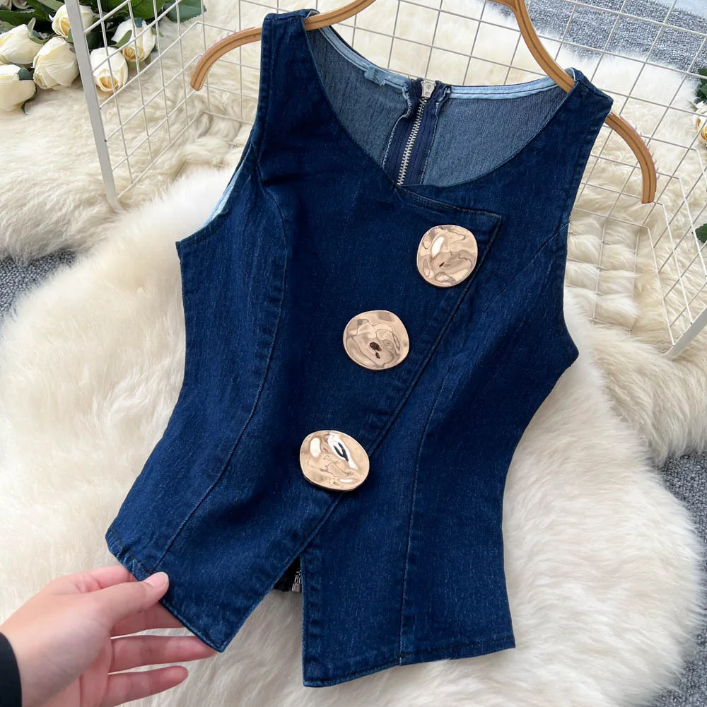 Denim Pant Set Women Two Piece Sets Sleeveless Vests Tops Wide Leg Long Pants High Waist Y2k Streetwear Elegant Work 2025