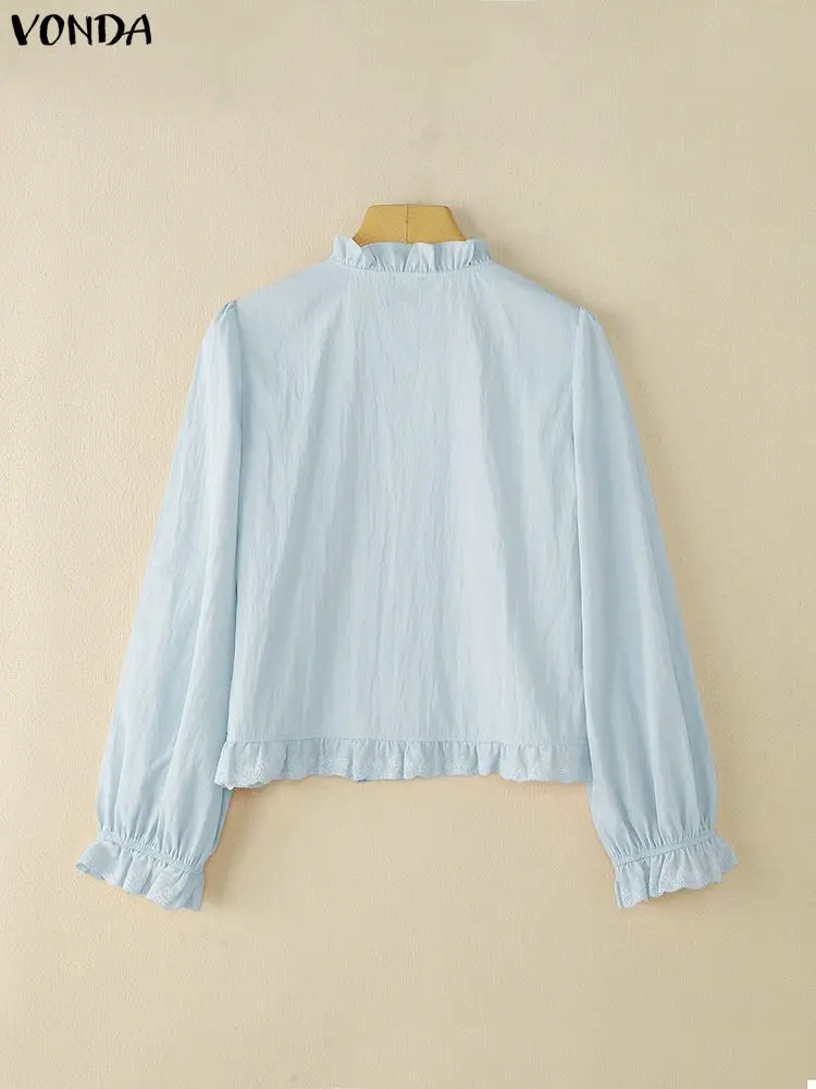 VONDA, camisa a la moda con volantes para mujer, otoño 2025, blusa lisa de manga larga con cuello redondo, Blusas informales holgadas coreanas de calle para mujer