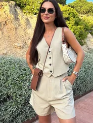 2024 Women Fashion Solid Shorts Set Green Sleeveless Vest+ Shorts Female Casual Loose Summer Set Street Roupa De Mujer