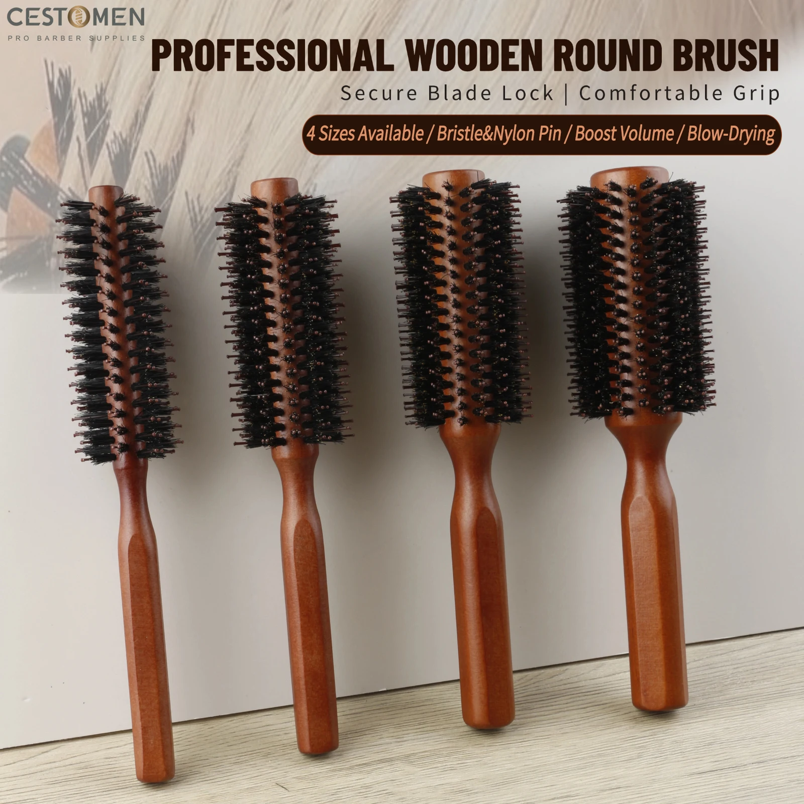 New 4 Sizes Pro Wood Handle Curly Round Brush Boar Bristle Hair Rolling Brush For Volume Styling Comb Salon Hairdressing Tools