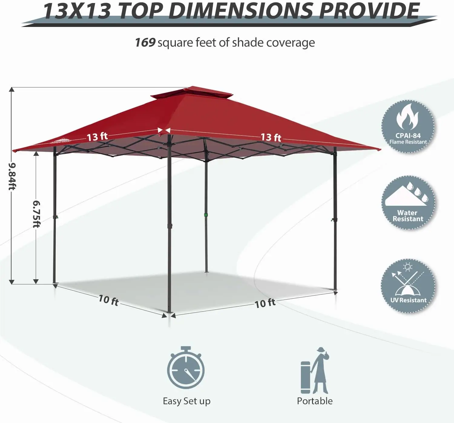 Imagem -05 - Canopy Shelter Dobrável com Beirais de Extensão Automática Pop up Shelter 169 Pés Quadrados de Sombra 13x13ft