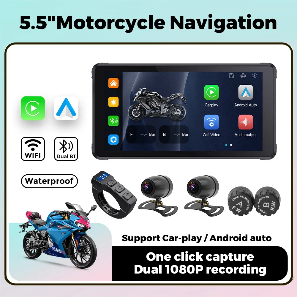 TomoStrong 5.5inch Portable Motorcycle GPS Navigation Waterproof Display Wireless CarPlay Android Auto moto accessories Cam Tpms