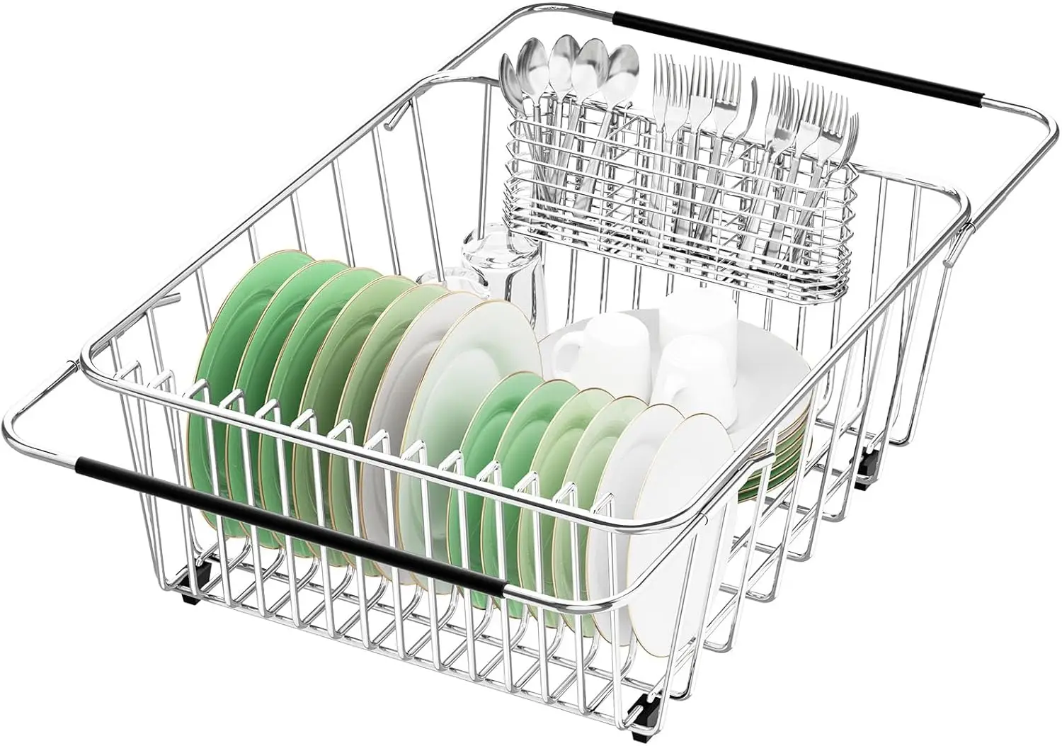 

Large Sink Dish Drying Rack, Expandable 304 Stainless Steel Metal Dish Drainer Rack Organizer Shelves with Stainless Steel Utens