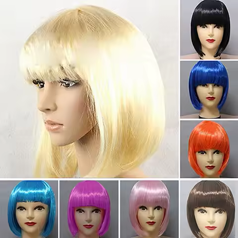 Short Straight Synthetic Wigs Blonde Brown Bob Wig With Bangs For Women Cosplay Anime Wigs Party Xmas Wig Heat Resistant Bob Wig