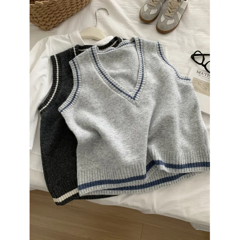 

Autumn Color-Block Sweater Vest Women V-Neck 6% Wool Loose Sleeveless Knitted Tops