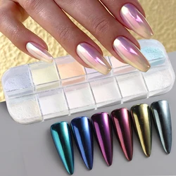 12 griglie Aurora Chrome Nail Powder iridescente Glitter Metallic Mirror Effect per unghie perla sfregamento polvere Manicure Pigment GLAMJF