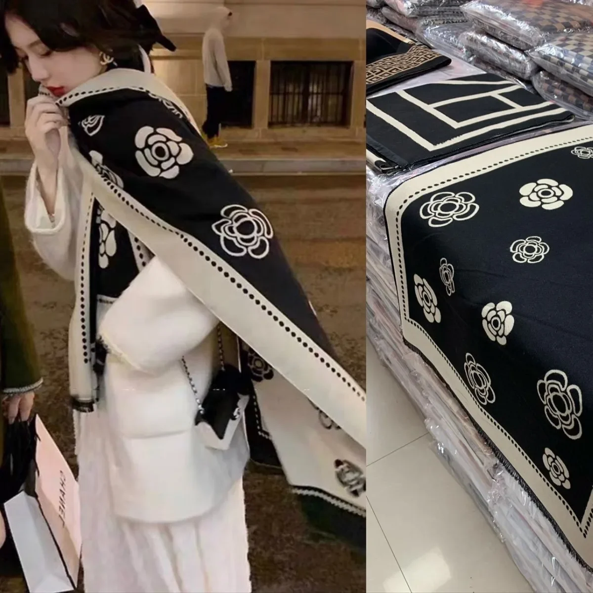 

2025 Camellia Reversible Scarf - Faux Cashmere Blend, Ultra-Soft & Warm, Elegant Black & White Wrap for Women, Office & Outdoors