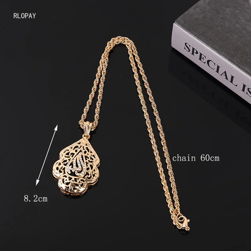 Arabic Royal Allah Pendant Gold Color Long Chain Necklace Pendant  Women Crystal Pendant Mulism Bridal Jewelry Pendants