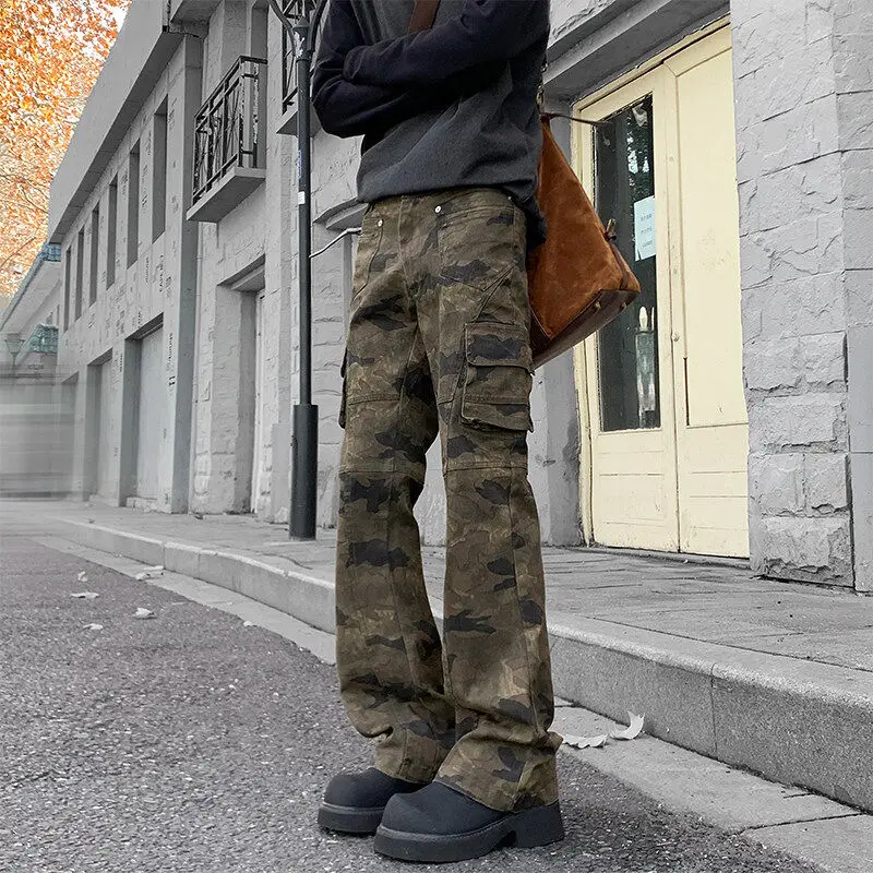 

American Retro Camouflage Work Pants Men's Slim Fit Multi ket Straight Leg Long Trousers Spring Autumn Wear Resistant Jeans