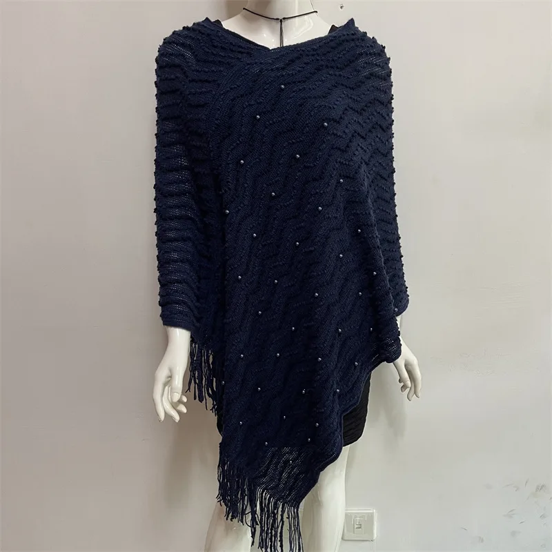 Spring Autumn New Style Shawl Cloak Women Pearl Color Matching Nail Bead Imitation Cashmere Warm Tassel Knitted Coat Navy