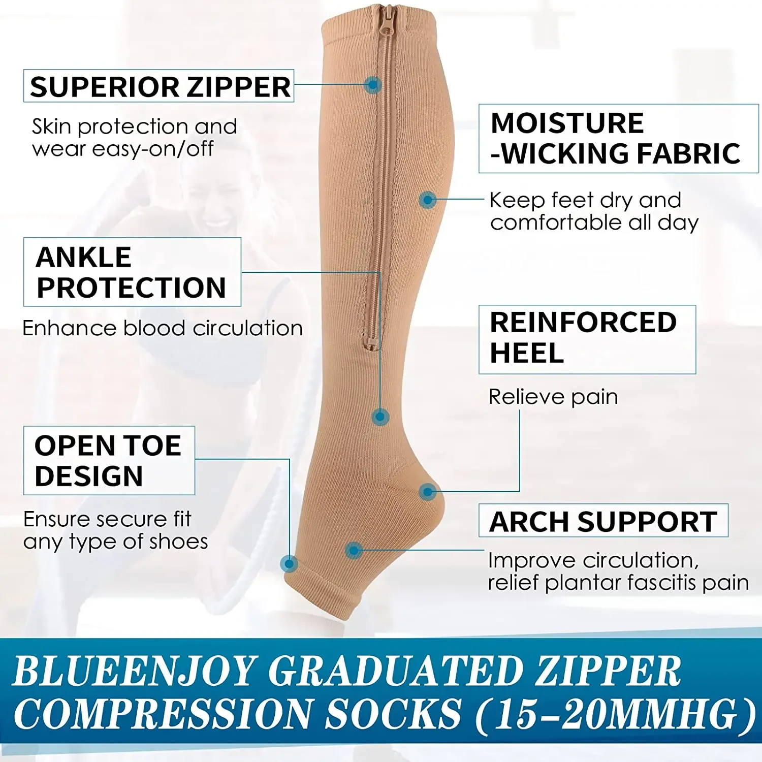 1Pair Zipper Compression Socks Women & Men - 2Pairs Calf Knee High 15-20mmHg Open Toe Compression Stocking suit for Walking