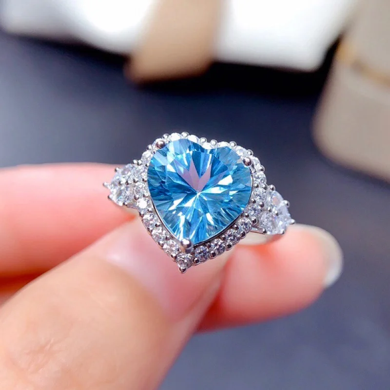 

New Ocean Blue Topaz Gemstone Open Ring for Women Elegant Pendant Necklace Set