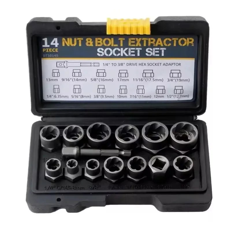 14 Pieces Impact Bolt & Nut Remover Set Cr-Mo Steel Bolt Extractor Tool Set with Solid Storage Case for Industrial Drop Shipping