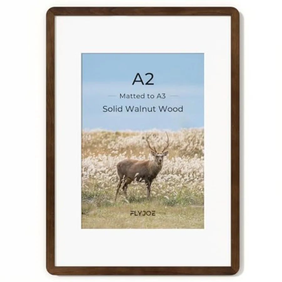 

A2 Picture Frame, Natural Solid Walnut Wood Photo Frame with HD Tempered Glass, A2 Photo Frames Matted to A3, Rounded Corner Wo