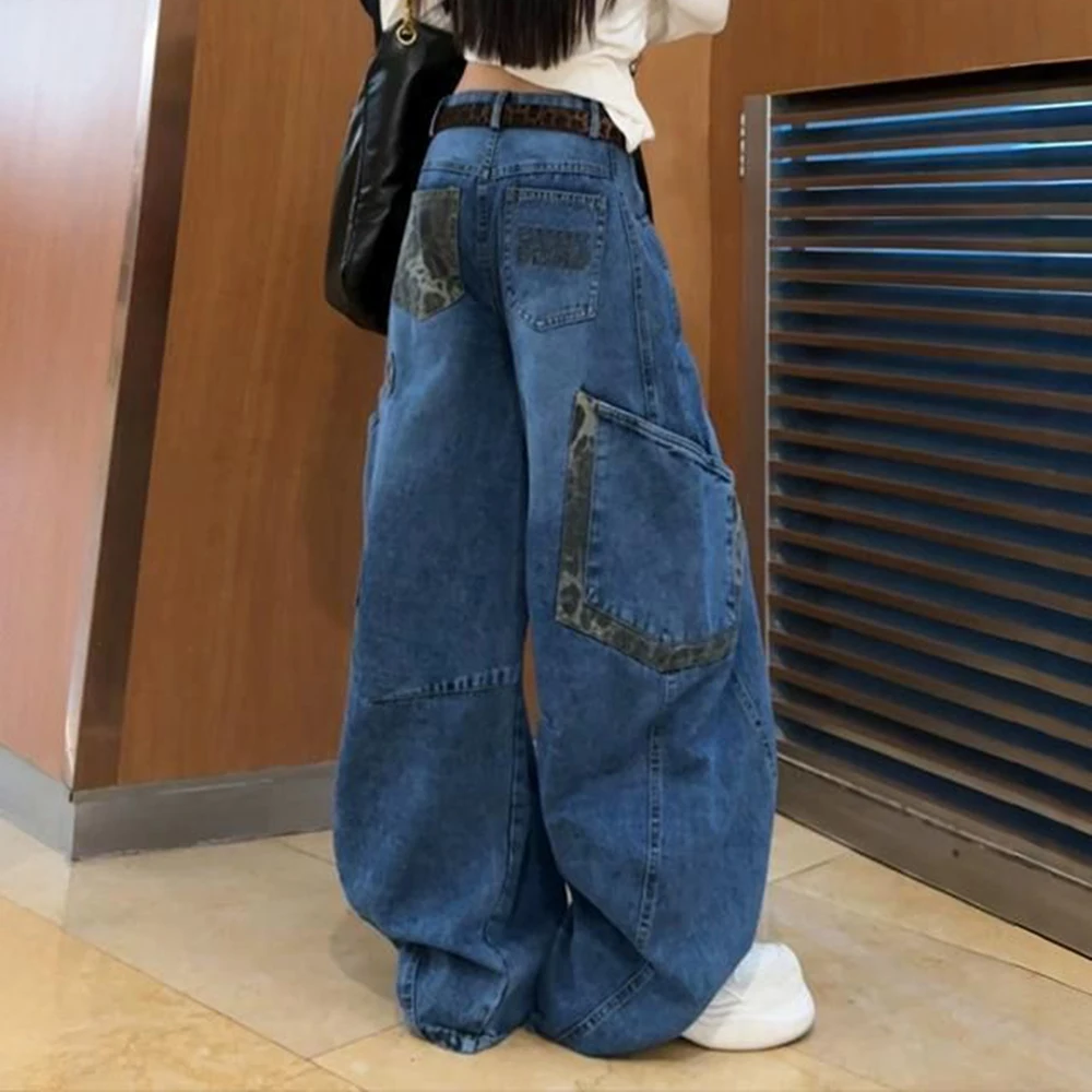 American leopard print splicing scimitar jeans women's niche tooling wide-leg sickle pants street design walking trousers