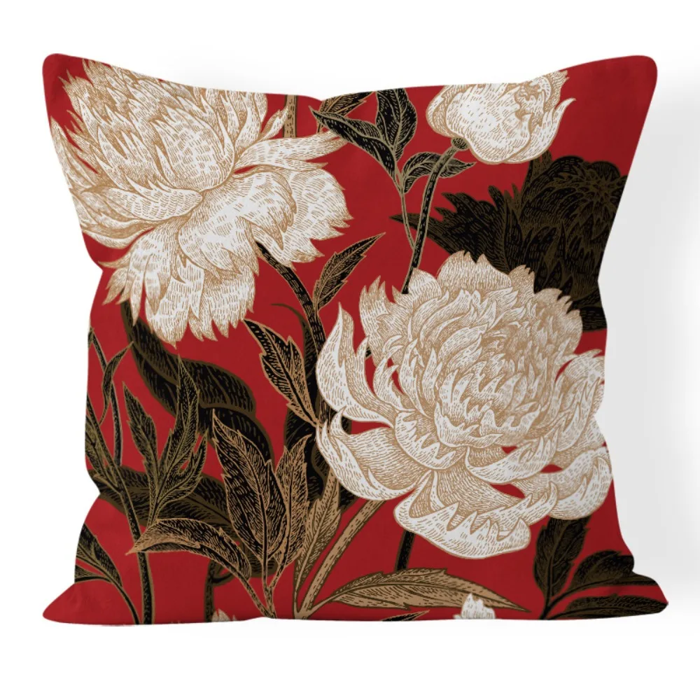 CIFBUY Red Geometric Peony Chrysanthemum Short Velvet Cushion Cover 45x45cm Decorative Throw Pillow Case for Home Sofa