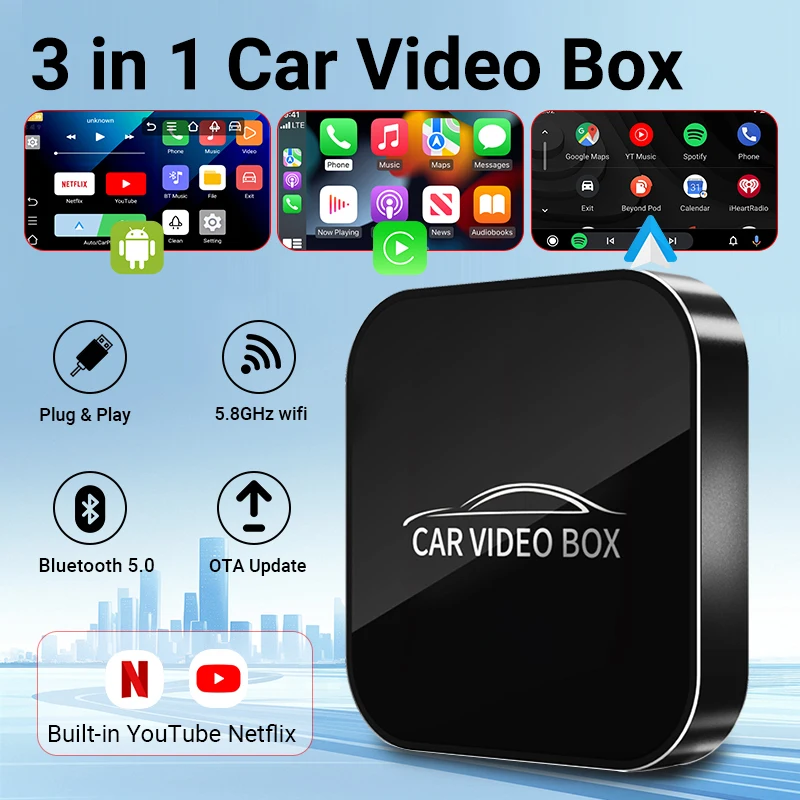 ACODO Новый 3в1 автомобильный видео Smart Box Android 12 беспроводной адаптер Carplay Android Auto для YouTube Netflix функция Wi-Fi ACODO Новый 3в1 автомобильный видео Smart Box Android 12 беспроводной адаптер Carplay Android Auto для YouTube Netflix функция Wi-Fi