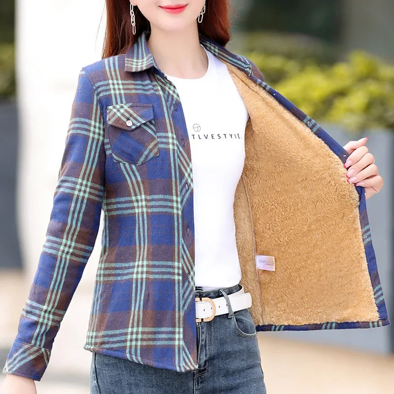 

Plus Size Fleece Lined Thickened Warm Shirt Autumn Winter New Style Cotton Long Sleeve Slim Fit Plaid Shirt Coat Women