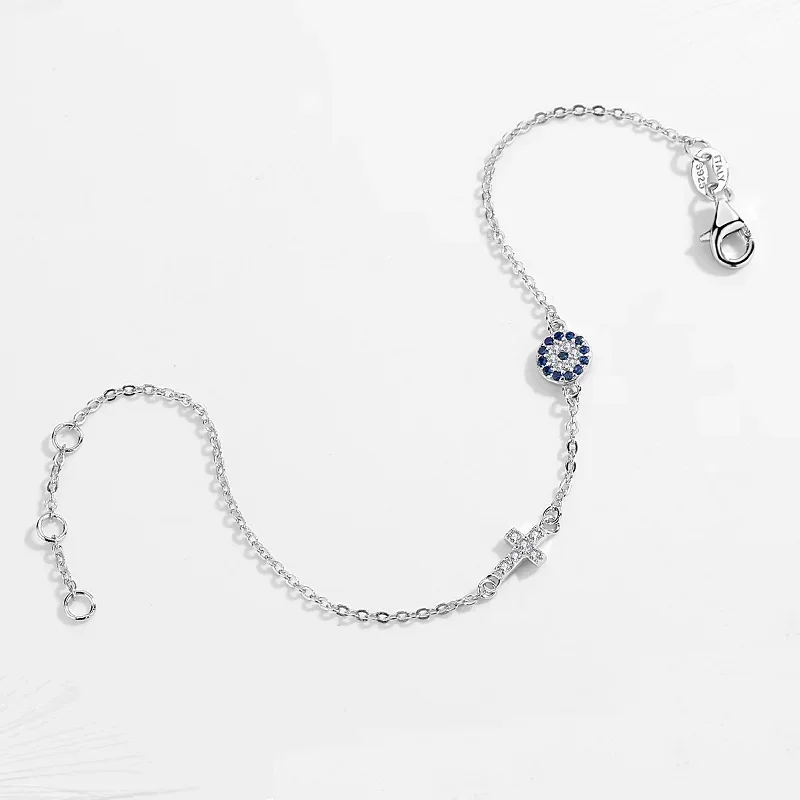 TONGZHE 925 Sterling Silver Hamsa Lucky Evil Eye Cross Bracelet Wonder Women Small Blue Cystal Stones Fine Wedding Jewelry