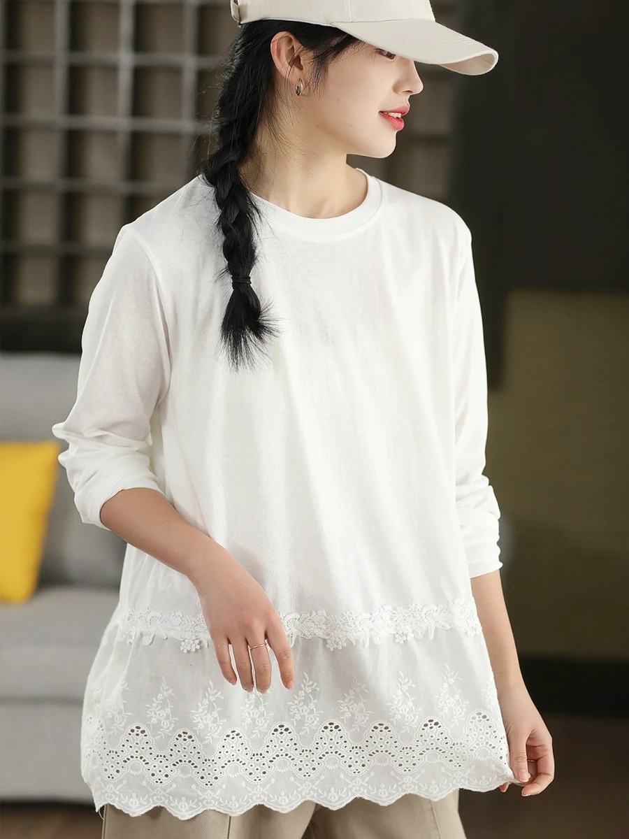 

Spring Sle Women's Long Sve round Ne Cotton T-irt Heavy Work Hollow out Hook Flower Full Cotton Versatile Casual Loo...